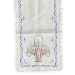 Vintage 40"x12" Hand-Stitched Needlework Tablecloth/Runner Flower Basket w/Trim